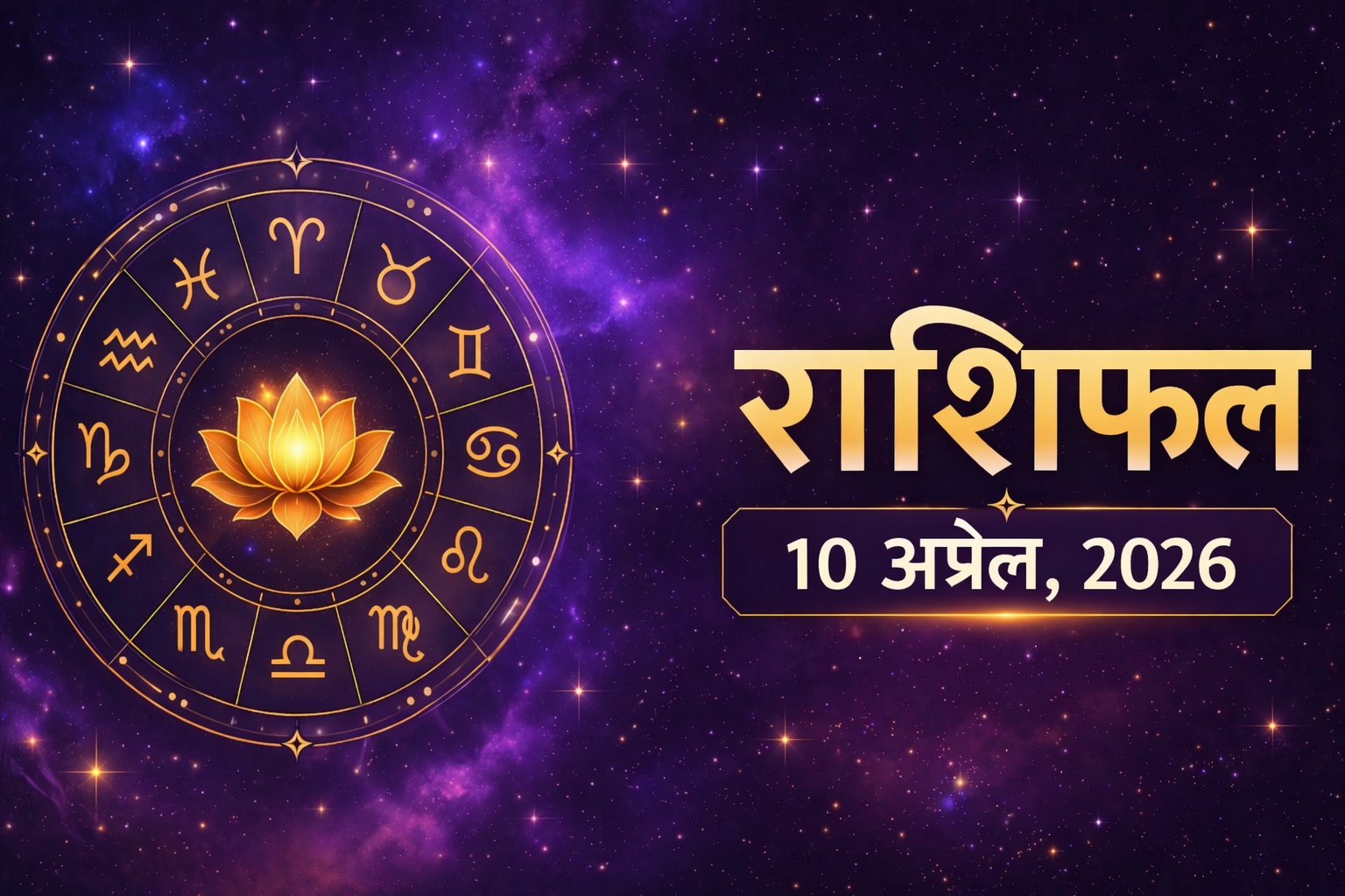 10 अप्रैल 2026 का राशिफल ज्योतिष चक्र और ब्रह्मांडीय पृष्ठभूमि के साथ
