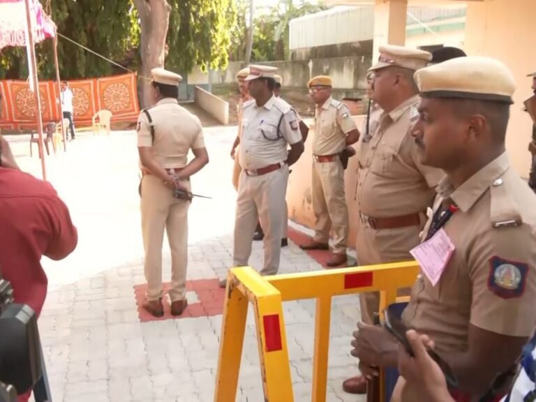 Police deployed at a polling booth in Chennai