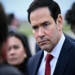 US Secretary of State Marco Rubio speaks to the press following a G7 Foreign Ministers' meeting with Partner Countries before his departure at the Bourget airport
