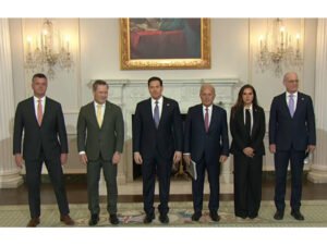 US Secretary of State Marco Rubio joins talks with Israeli envoy Yechiel Leiter and Lebanese envoy Nada Hamadeh Moawad at State Department